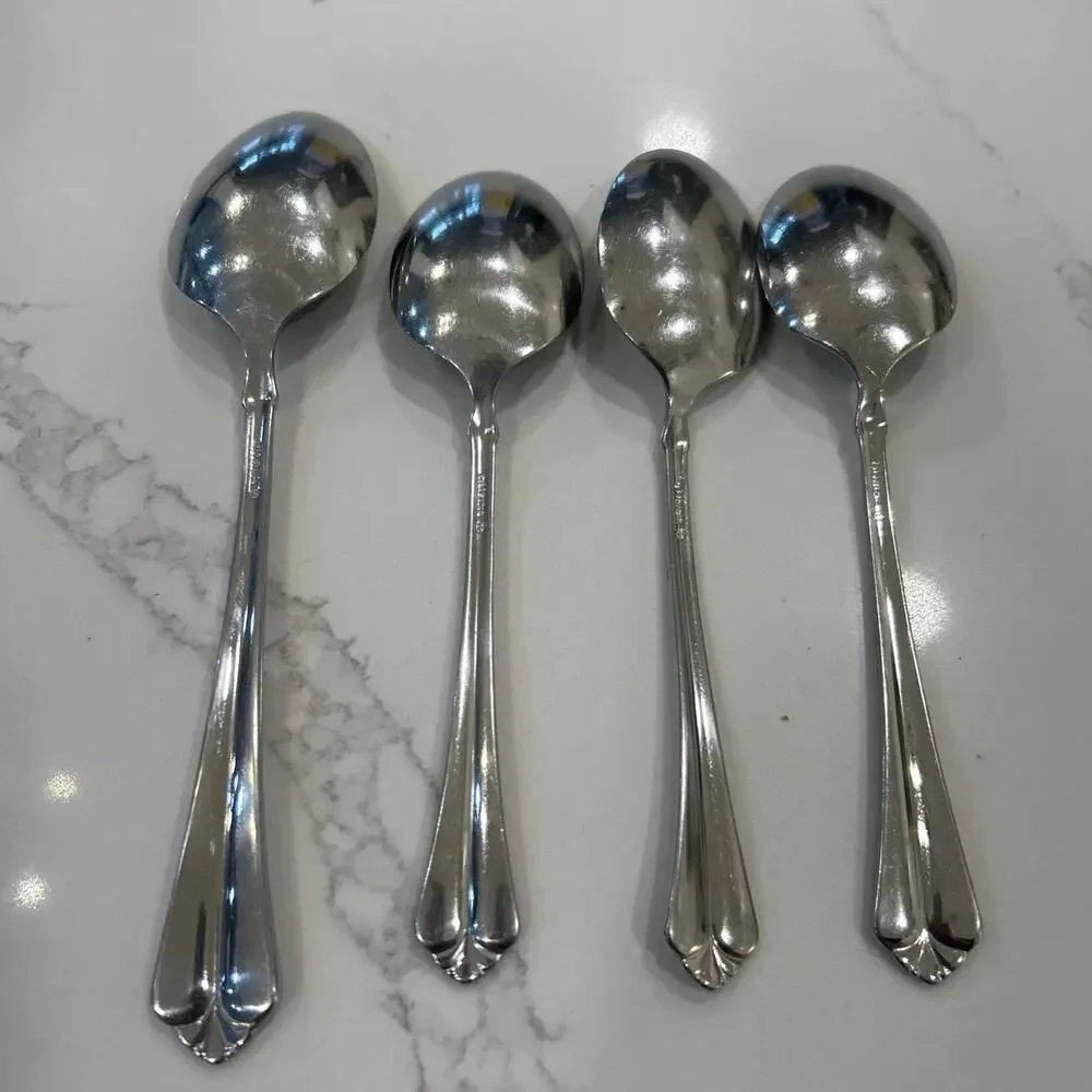 Vtg 4PC ONEIDA JUILLIARD Glossy Stainless‎ CUBE 1 Serving Spoon 3 Dinner Spoons